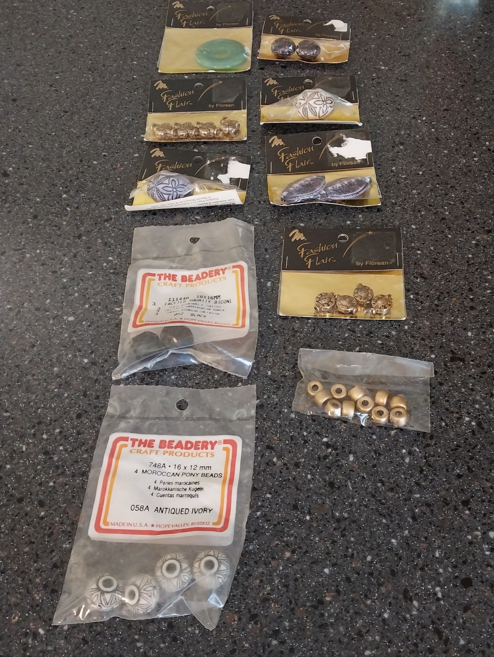 Assorted Craft Beads and Embellishments - Gold, Ivory, Teal, Purple. 10 Packs